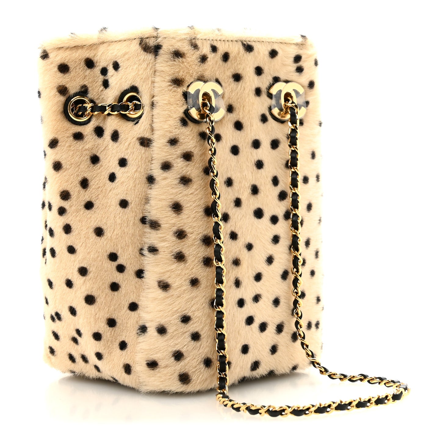 Pony Hair Cheetah Printed CC Chain Bucket Bag Light Beige Black