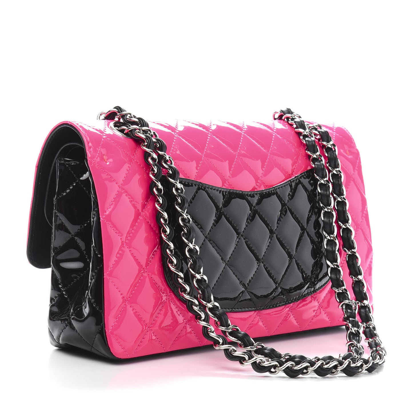 Patent Calfskin Quilted Bi-Color Medium Double Flap Pink Black