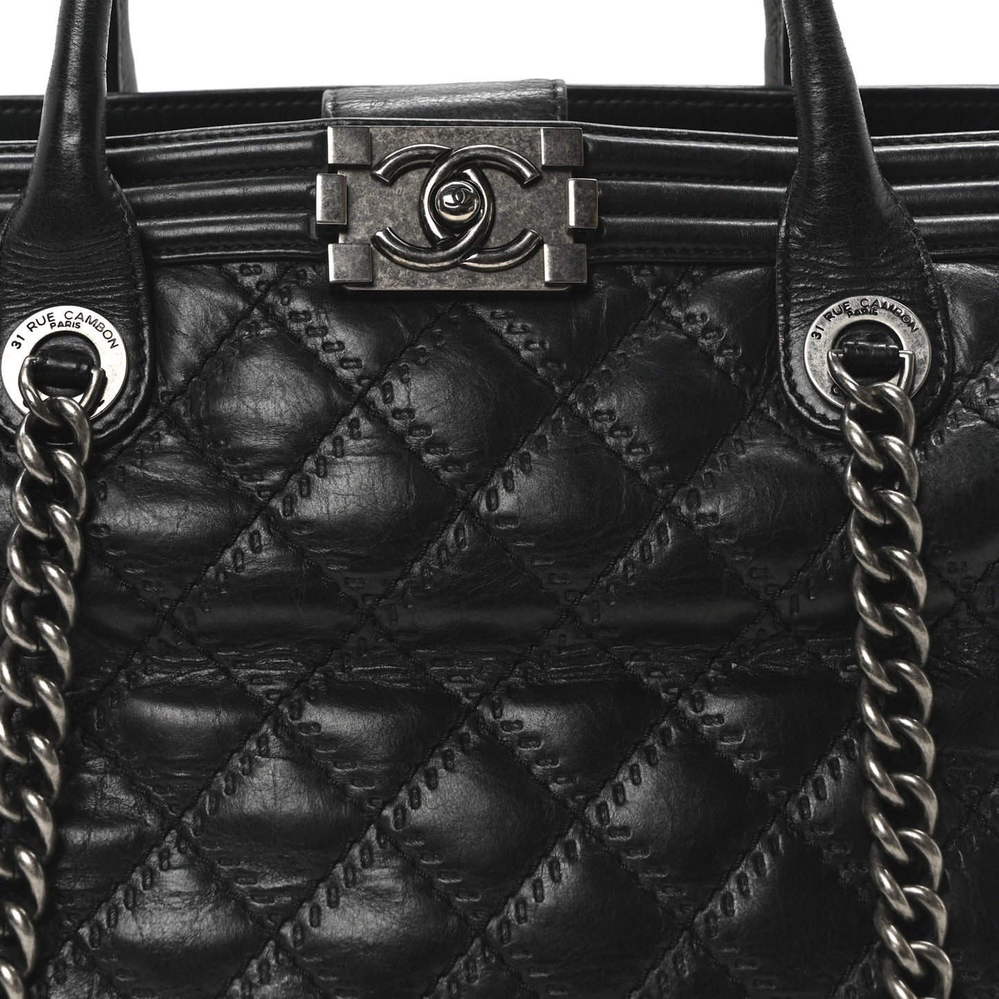 Calfskin Quilted Double Stitch Large Boy Tote Black