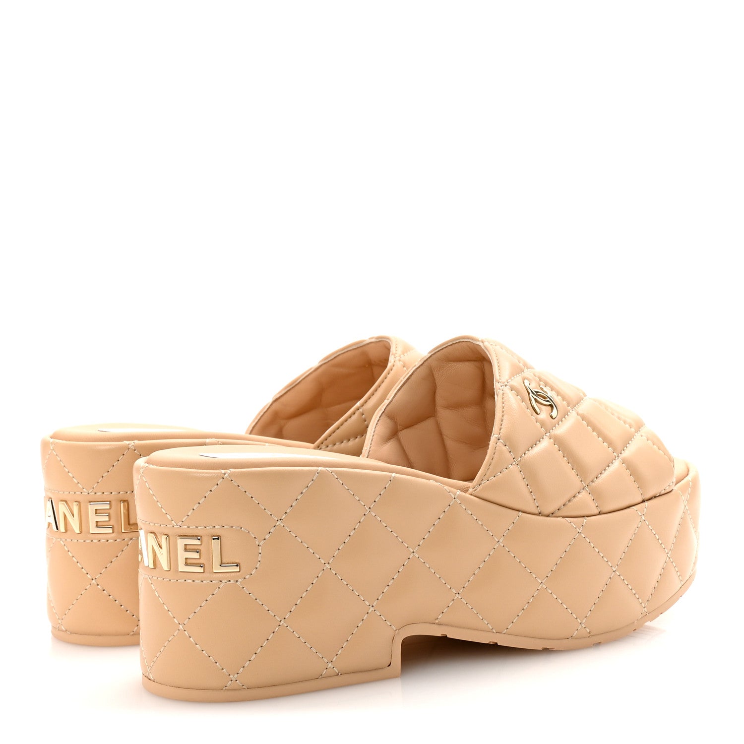 Chanel Lambskin Quilted CC Mules Wedge Sandals 39 Beige 5 of 10