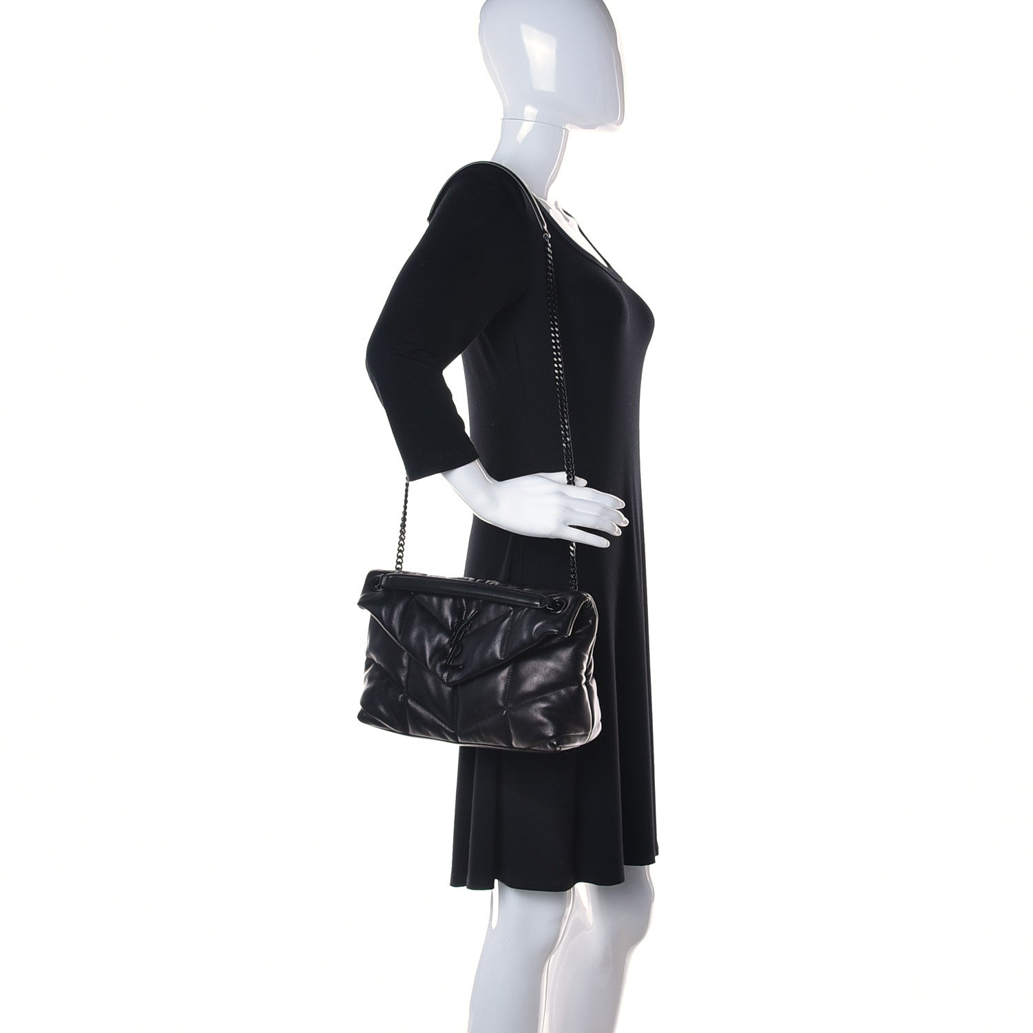 Saint Laurent Lambskin Quilted Small Loulou Puffer Monogram Chain Satchel Black 2 of 14