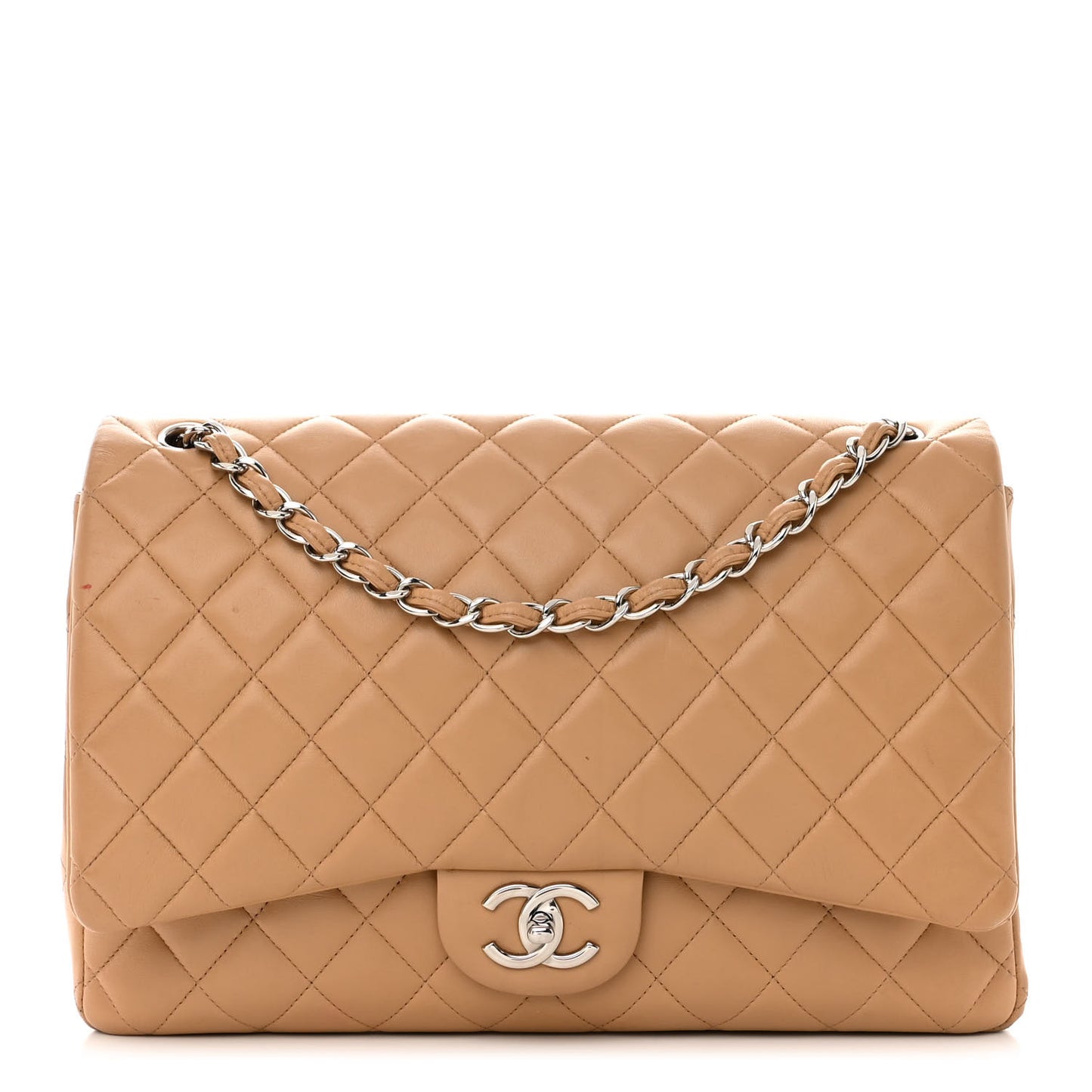 Lambskin Quilted Maxi Double Flap Beige