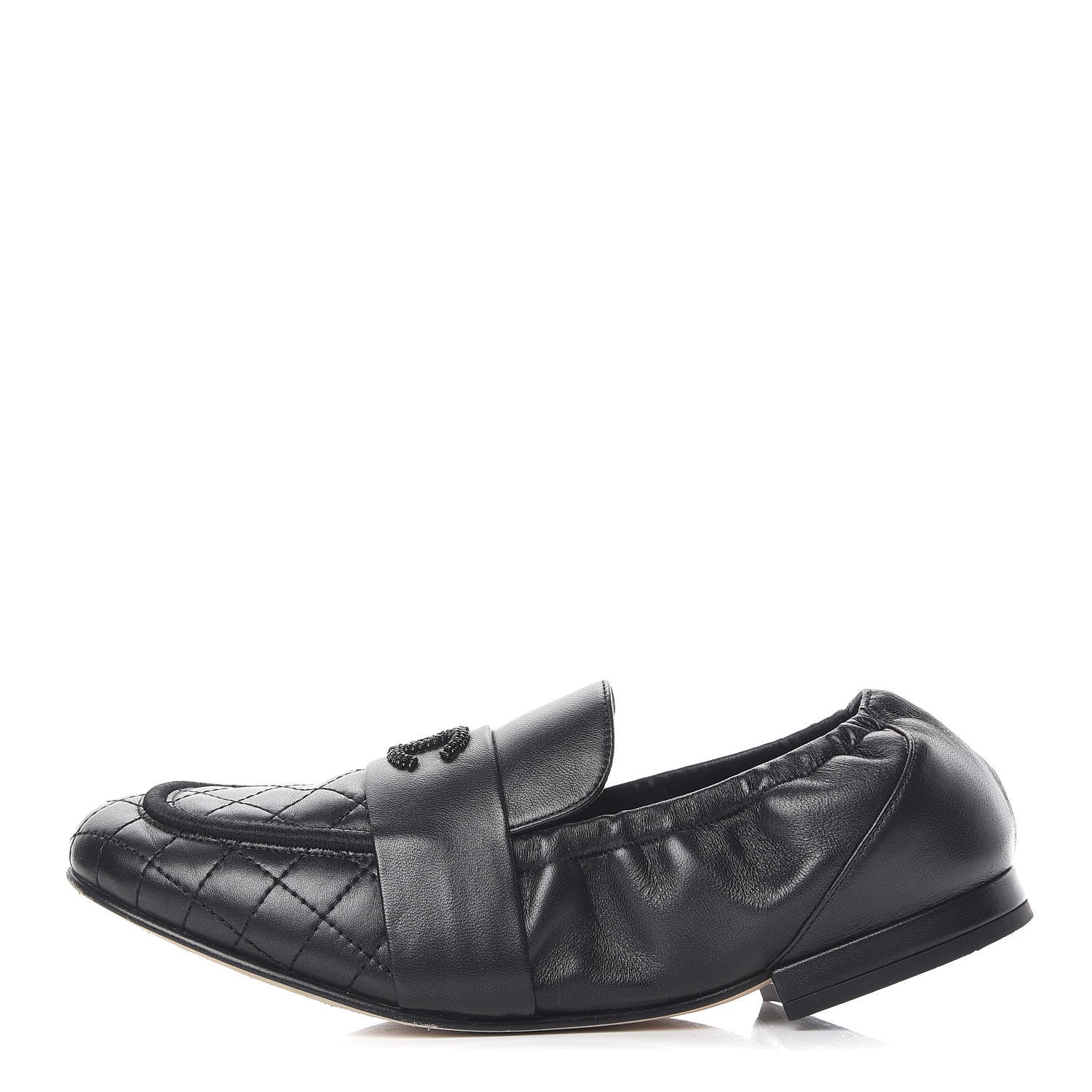 Chanel Laminated Lambskin Womens Quilted Elastic CC Moccasin Loafers 37.5 Black 1 of 12