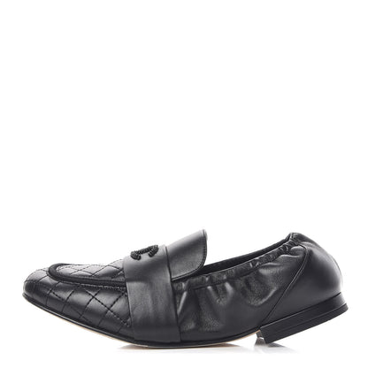 Chanel Laminated Lambskin Womens Quilted Elastic CC Moccasin Loafers 37.5 Black 1 of 12