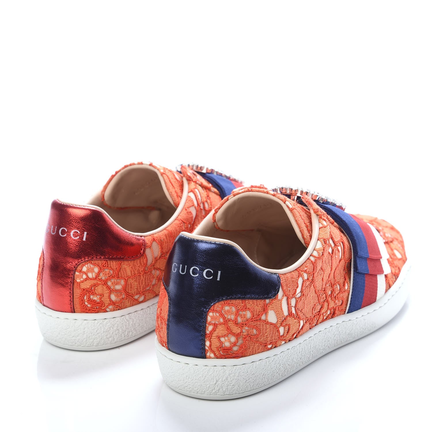 Gucci Lace Crystal Sylvie Web Flower Leaf Womens Ace Sneakers 35.5 Hot Orange Tan Beige 4 of 9