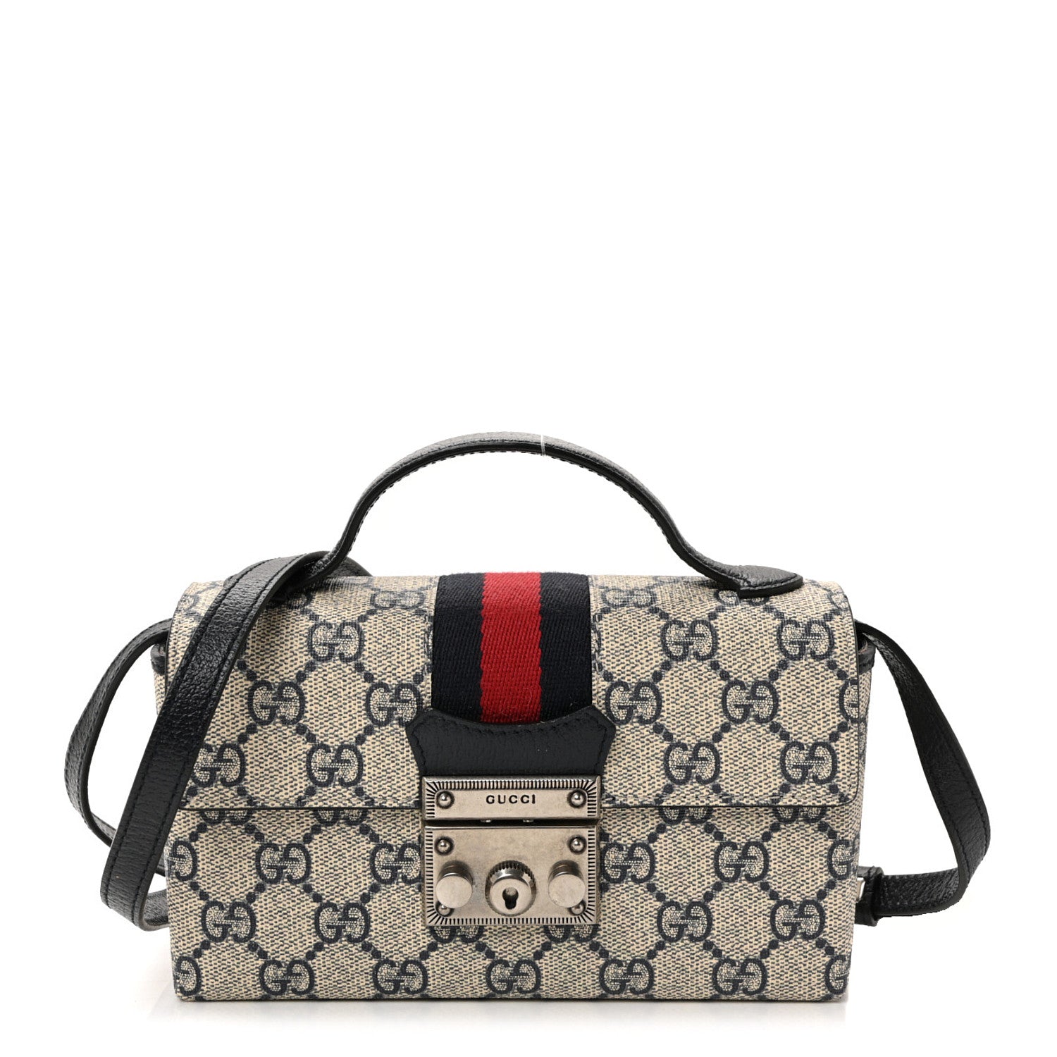 Gucci GG Supreme Monogram Textured Dollar Calfskin Web Mini Padlock Top Handle Shoulder Bag Beige Blue 1 of 9