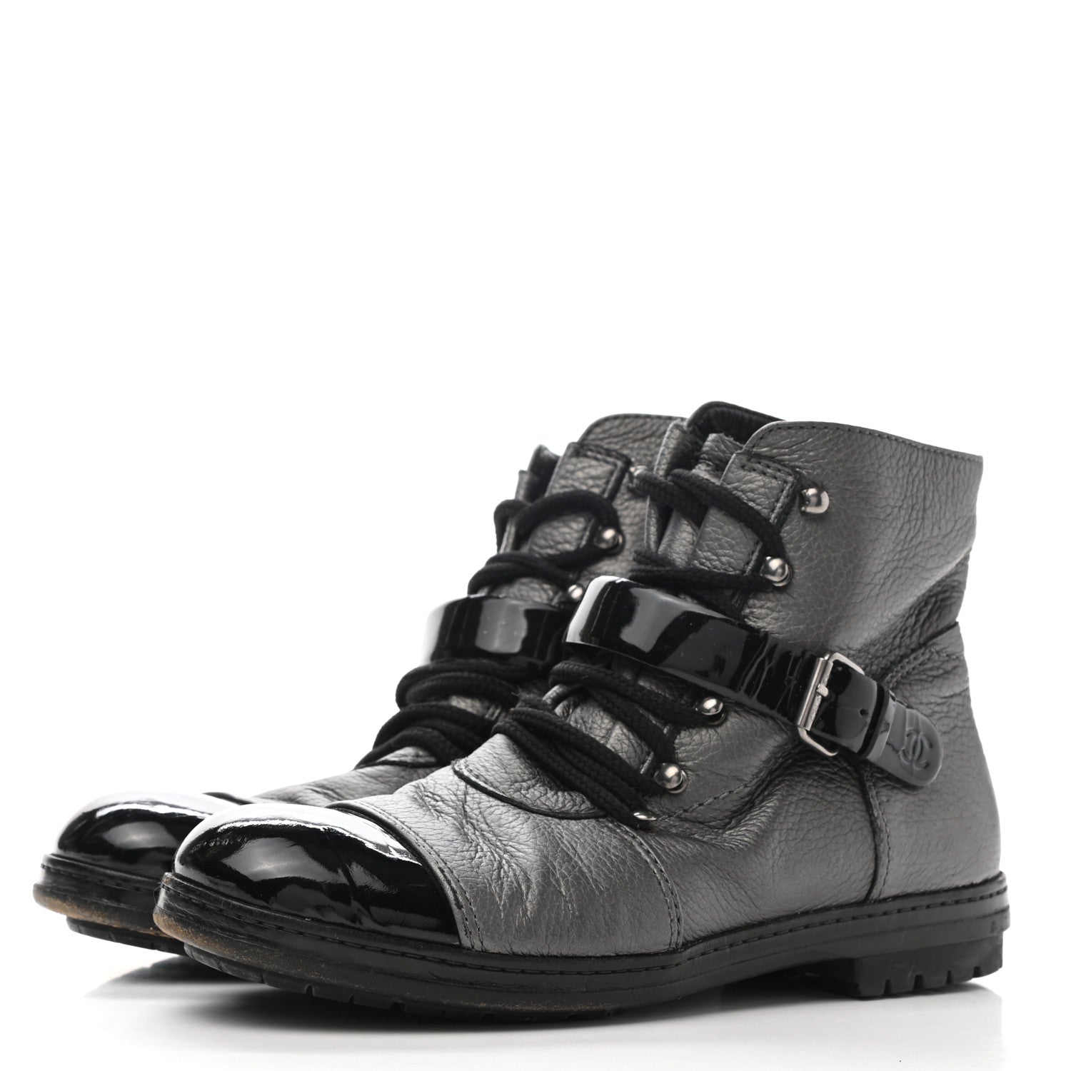 Chanel Metallic Grained Calfskin Patent Cap Toe Combat Short Boots 37.5 Dark Silver 3 of 15