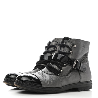Chanel Metallic Grained Calfskin Patent Cap Toe Combat Short Boots 37.5 Dark Silver 3 of 15