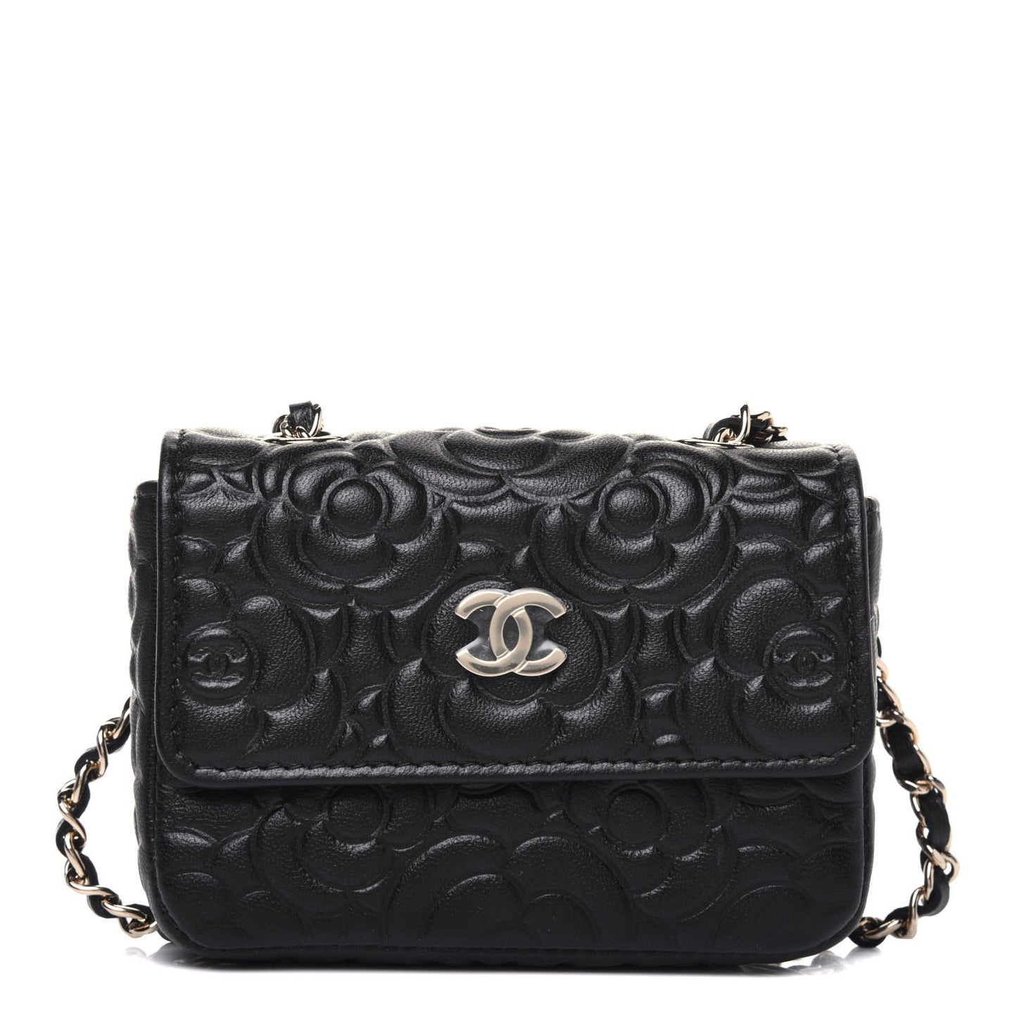 Lambskin Camellia Embossed Chain Belt Bag Black