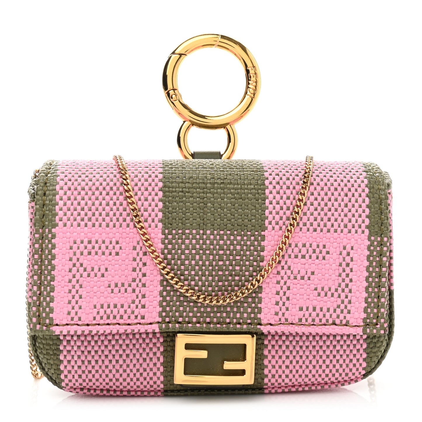 Raffia Pequin Gingham Woven Nano Baguette Charm Verde Militare Rosa