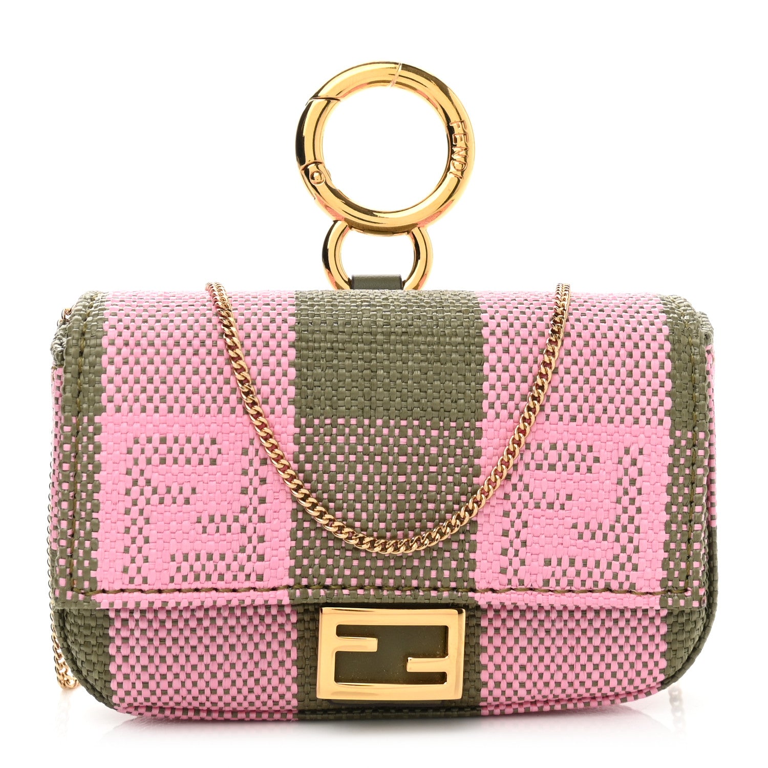 Fendi Raffia Pequin Gingham Woven Nano Baguette Charm Verde Militare Rosa 1 of 9