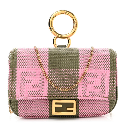 Fendi Raffia Pequin Gingham Woven Nano Baguette Charm Verde Militare Rosa 1 of 9