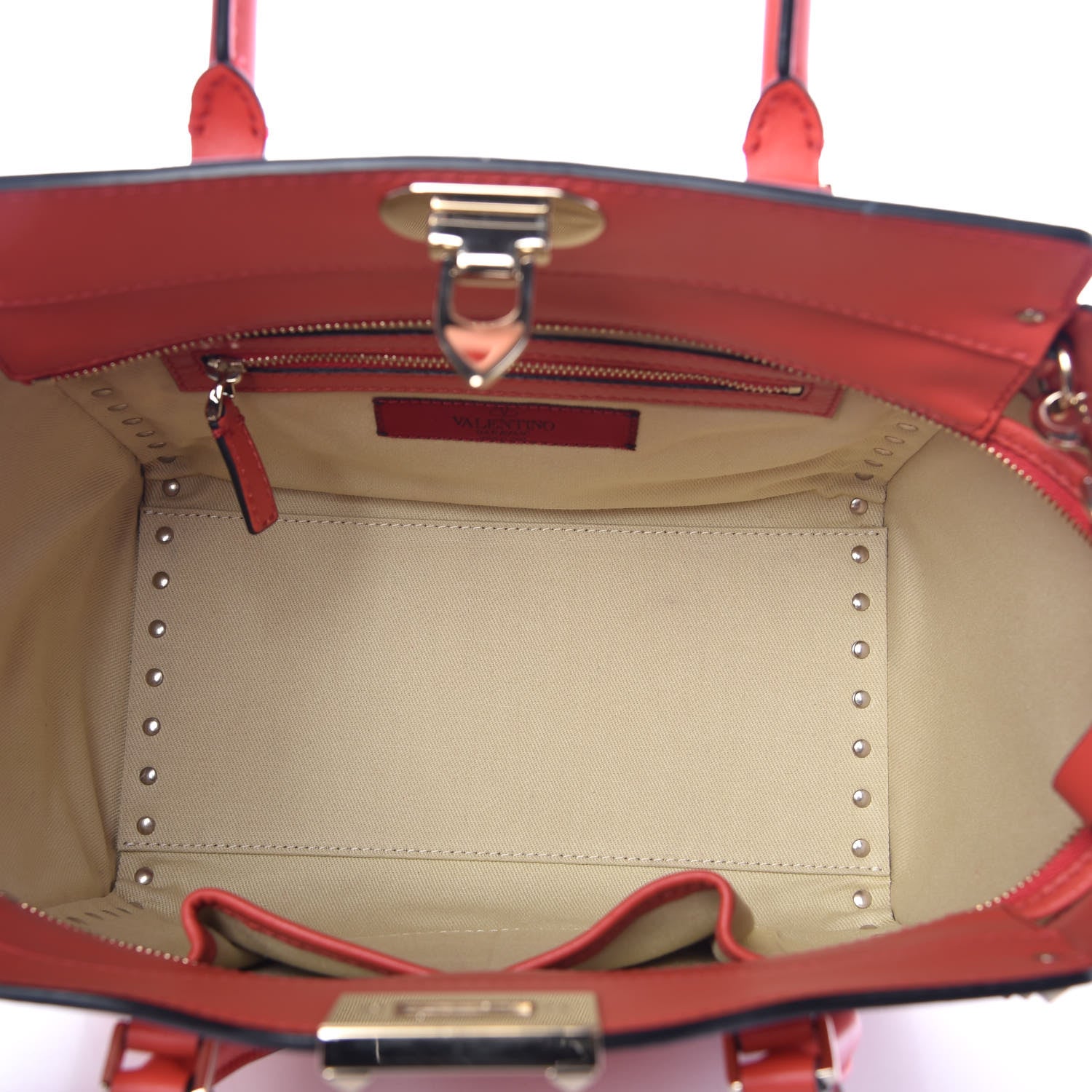 Valentino Garavani Vitello Small Rockstud Double Handle Tote Deep Coral 6 of 11