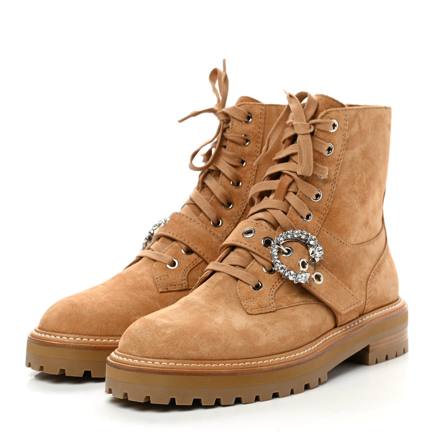 Suede Crystal Embellished Cora Flat Combat Boots 40 Caramel