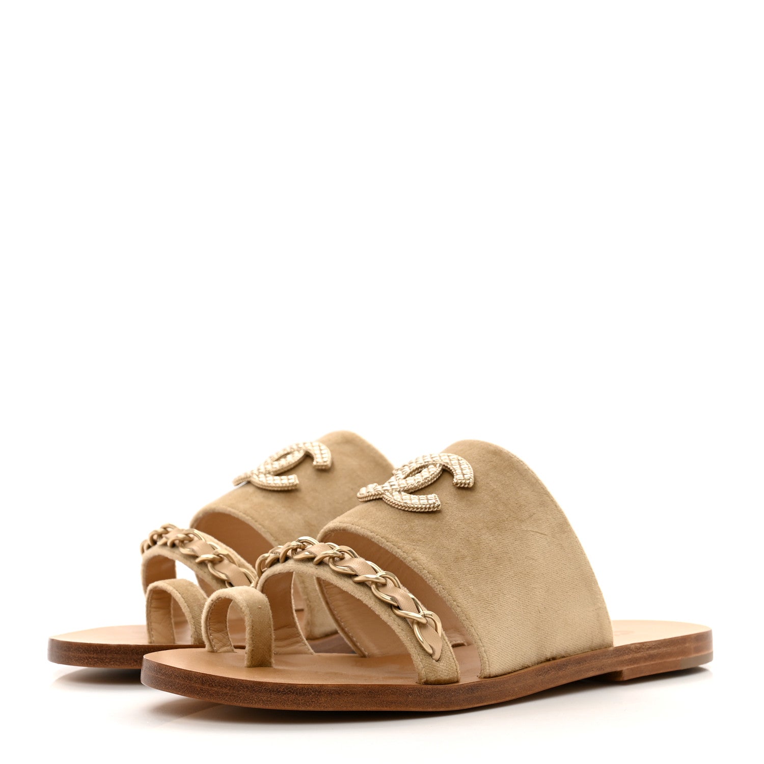 Chanel Velvet Chain Mule Sandals 36.5 Beige 3 of 9