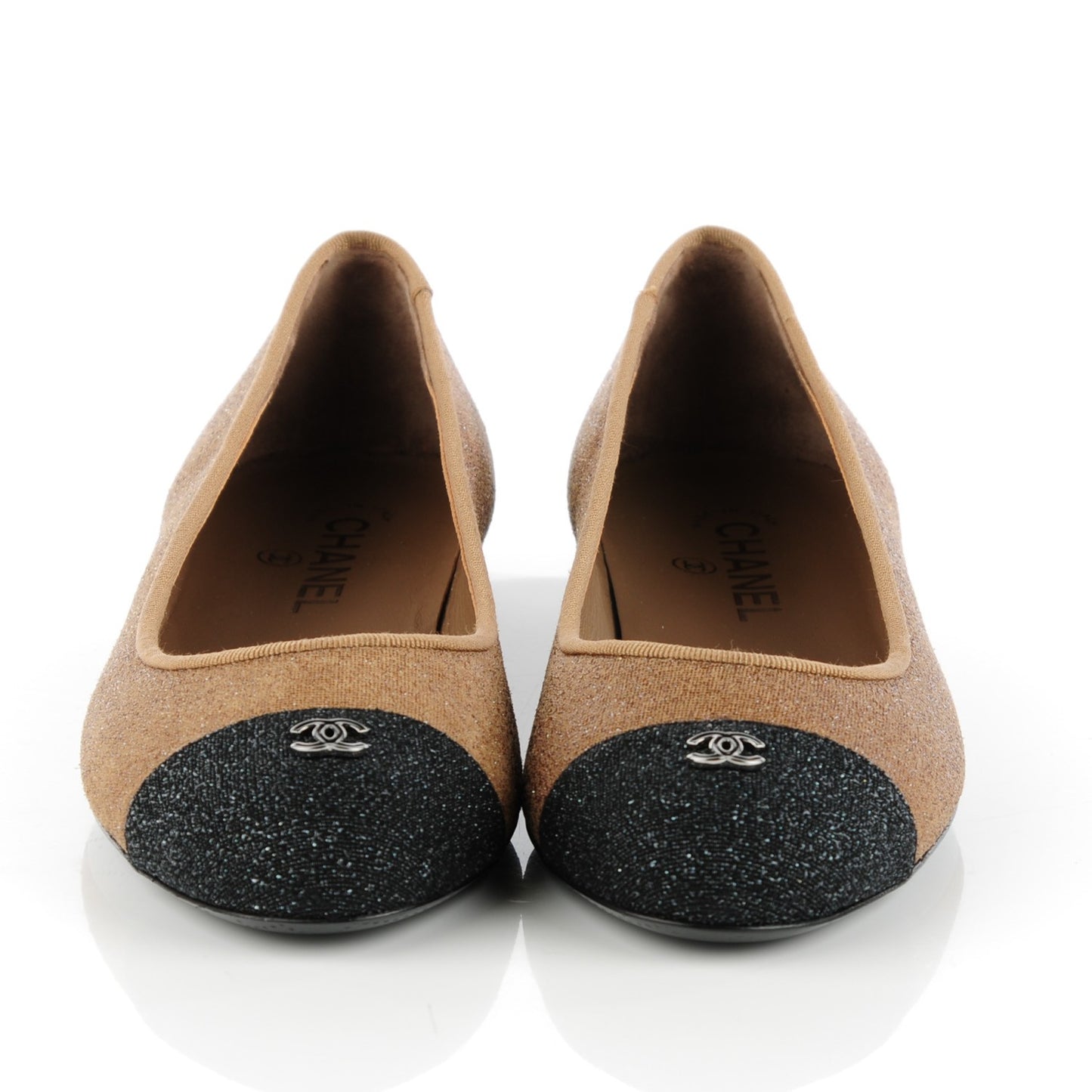 Glitter Tweed Cap Toe CC Ballerina Flats 40.5 Beige Noir