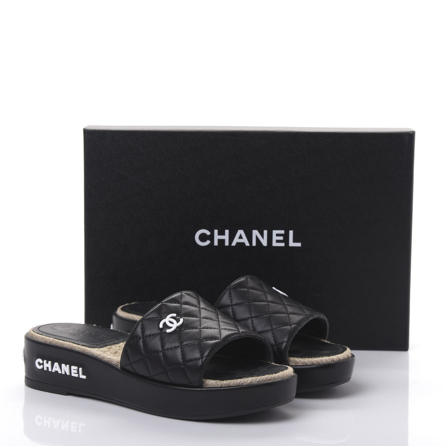Lambskin Quilted CC Espadrille Slip On Sandals 38 Black