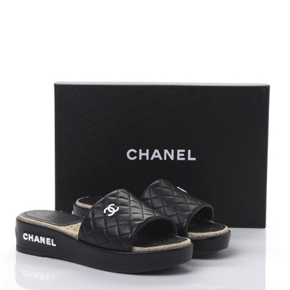 Chanel Lambskin Quilted CC Espadrille Slip On Sandals 38 Black 10 of 10