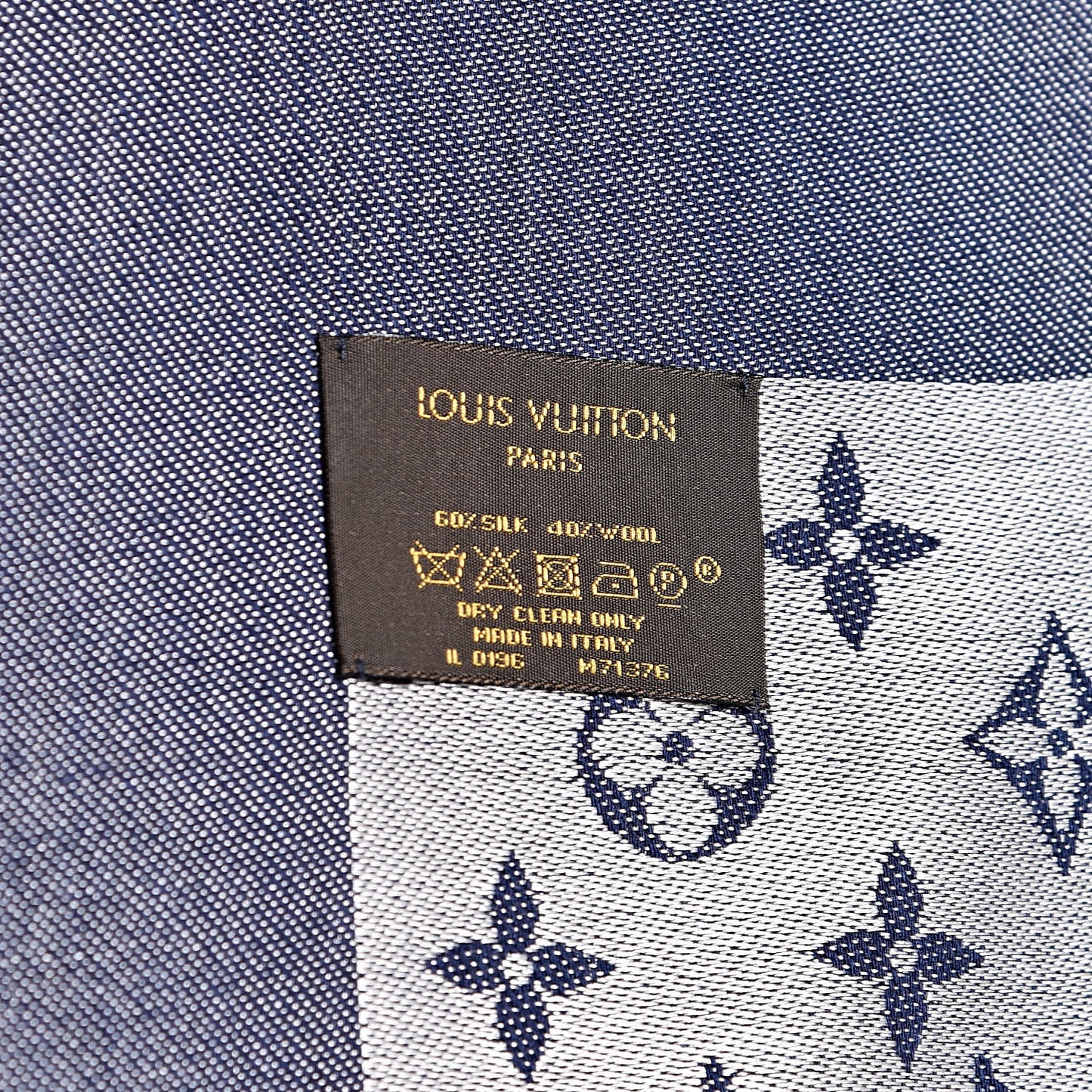 Wool Silk Monogram Denim Shawl Blue