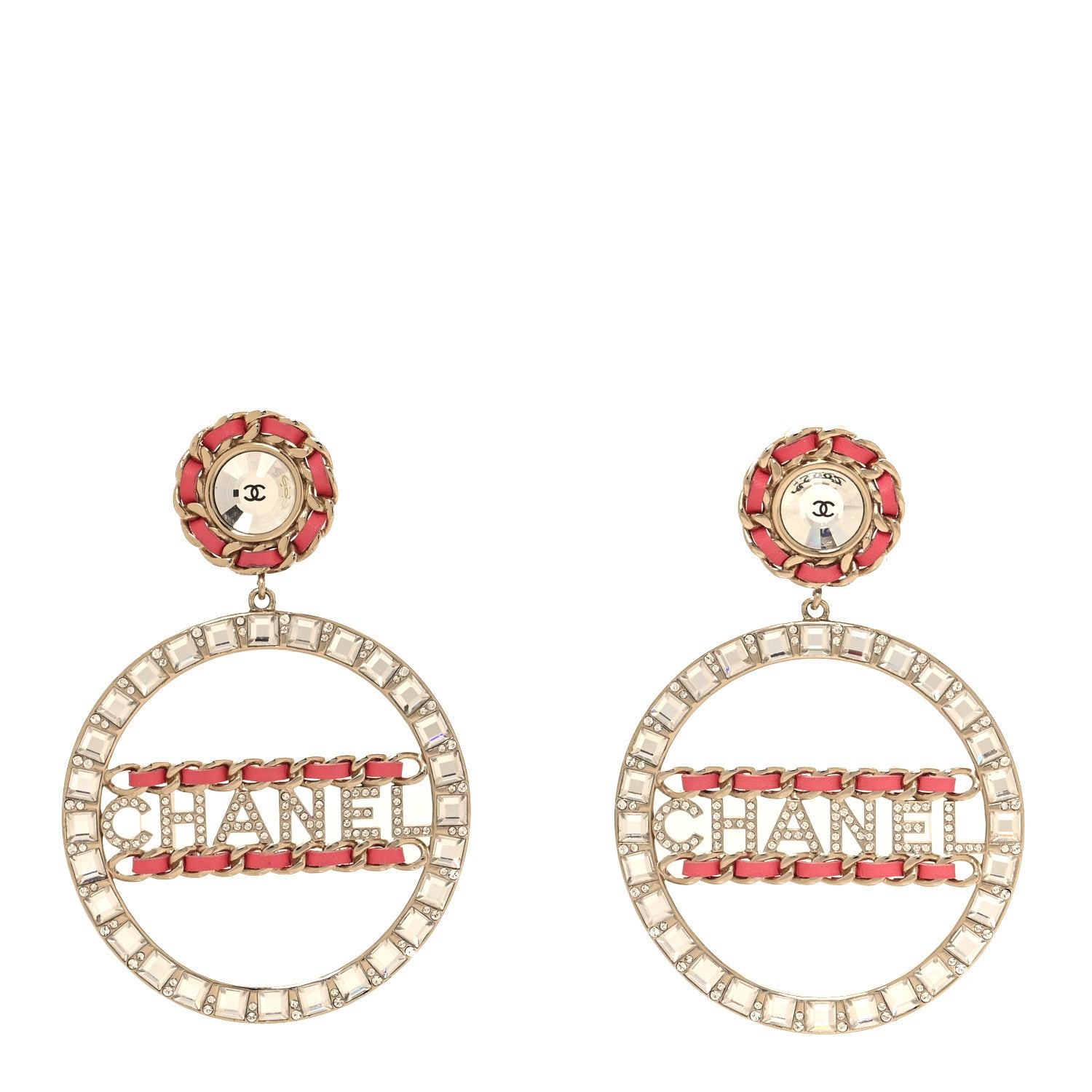 Chanel Crystal Lambskin Chain CC Hoop Clip On Earrings Pink Gold 1 of 4