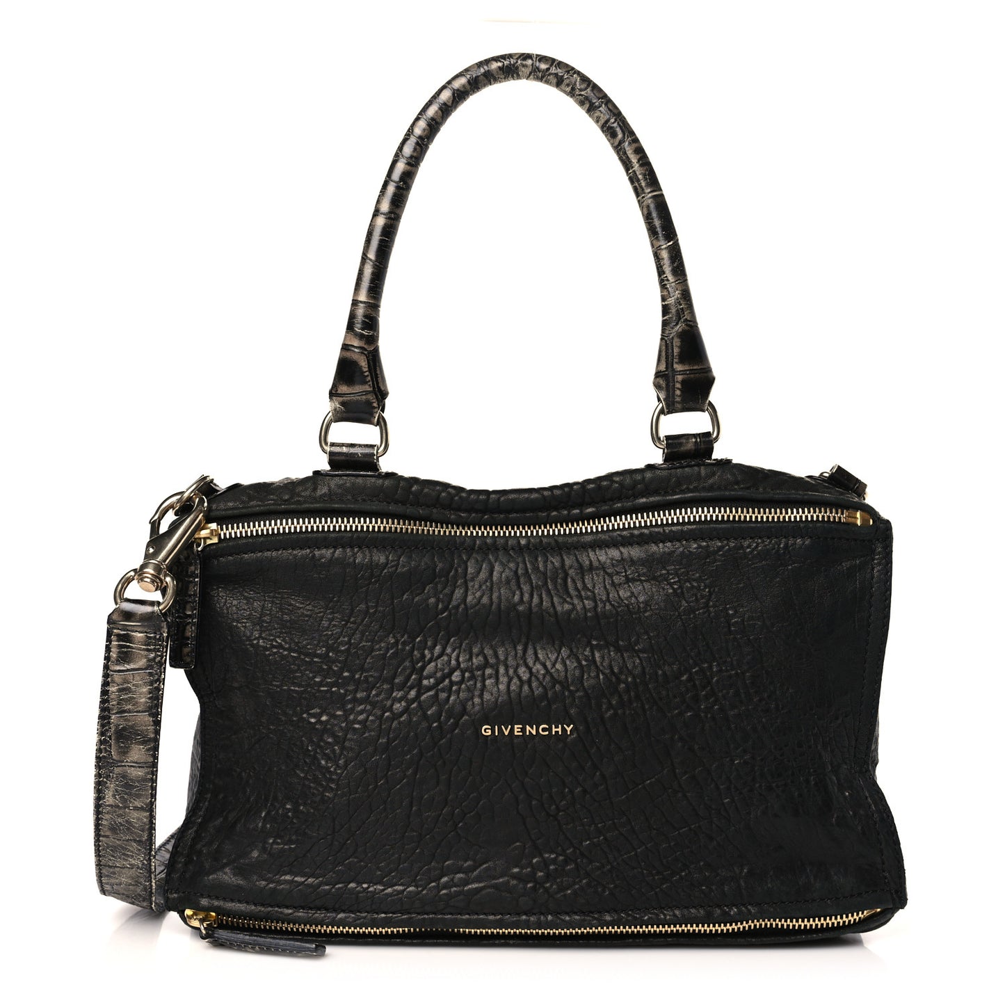 Pebbled Sheepskin Calfskin Crocodile Embossed Large Pandora Black