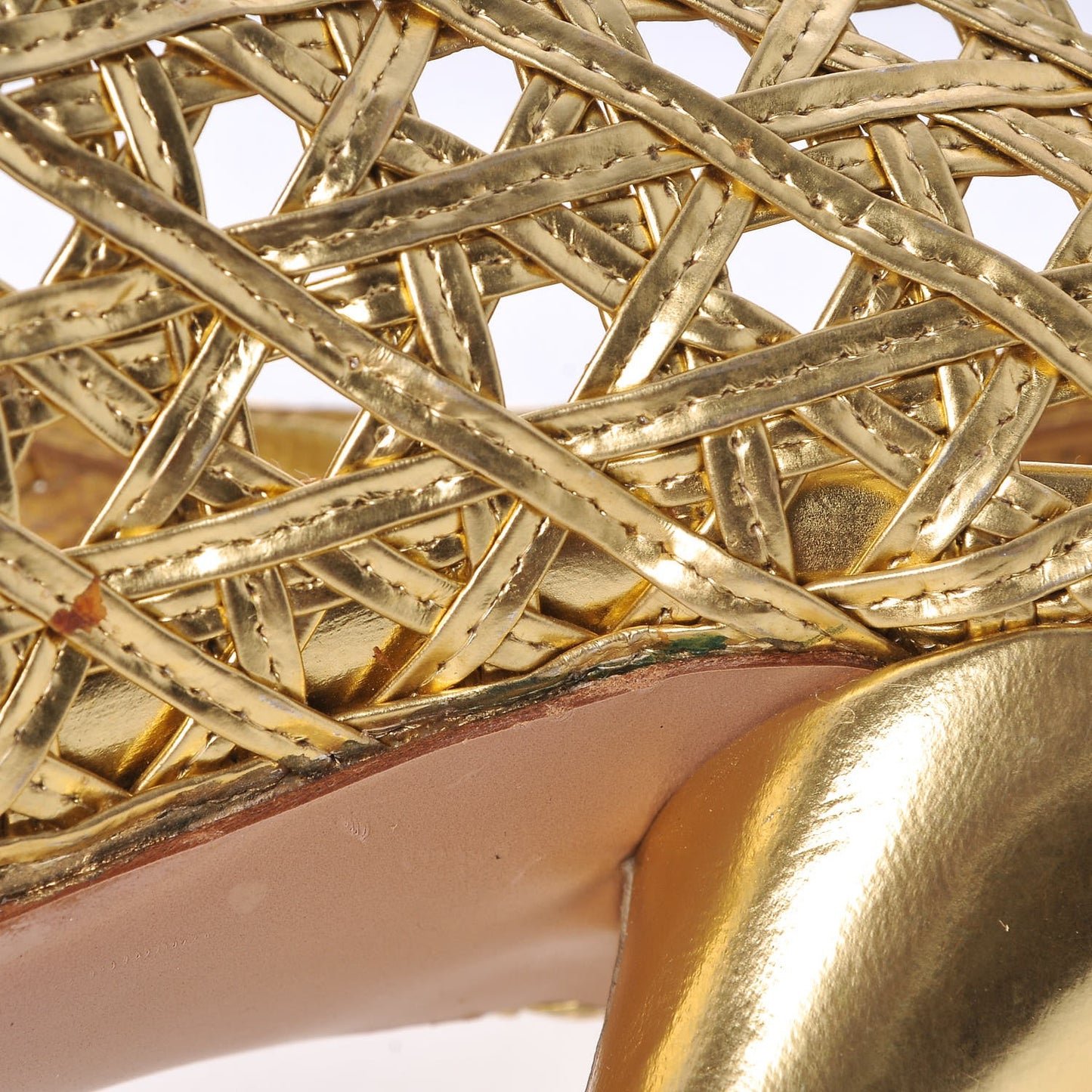 Metallic Calfskin Woven Bow Peep Toe Pumps 39 Gold