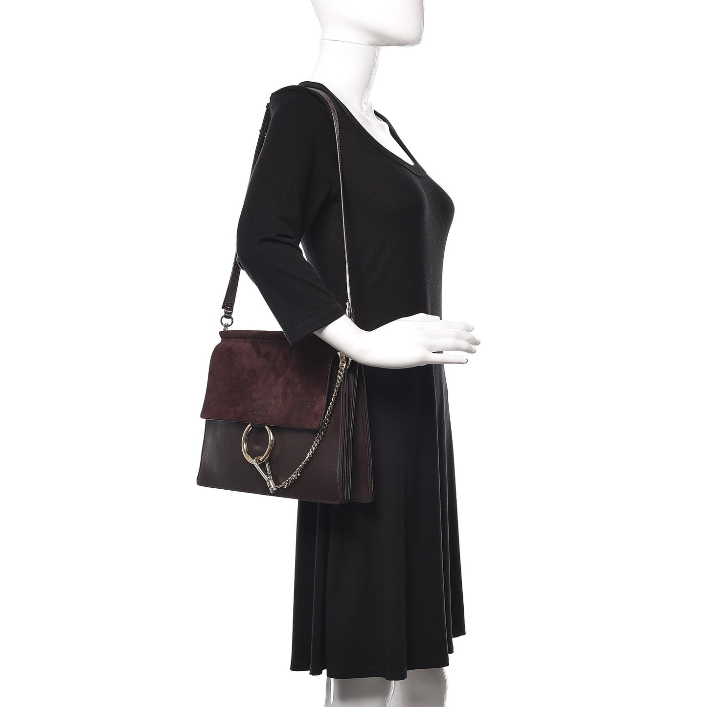 Calfskin Suede Medium Faye Shoulder Bag Carbon Brown