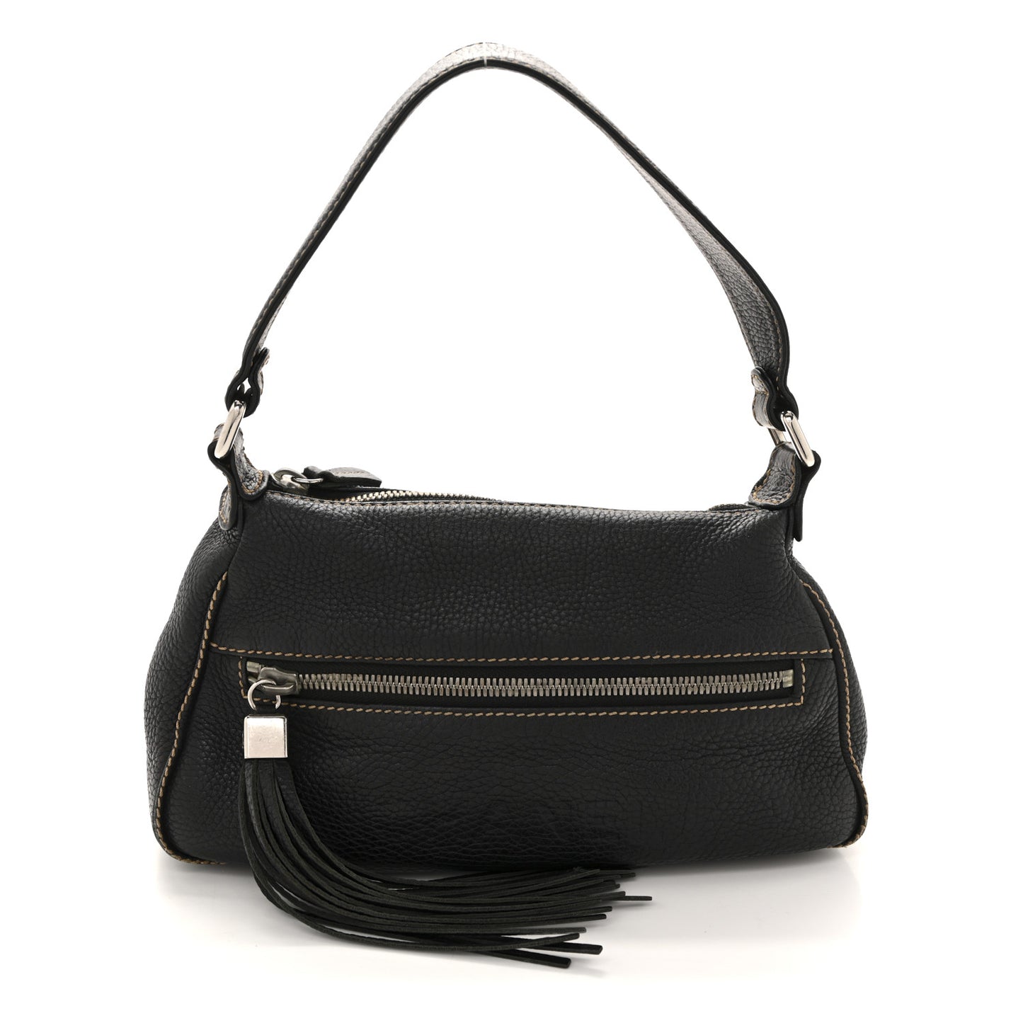 Grained Calfskin Tassel Shoulder Bag Black