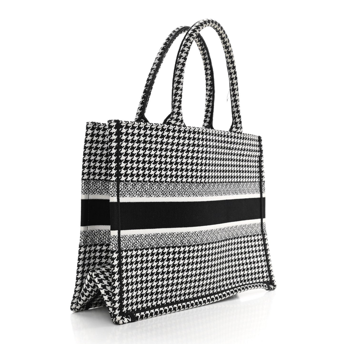 Canvas Houndstooth Embroidered Medium Book Tote Black White