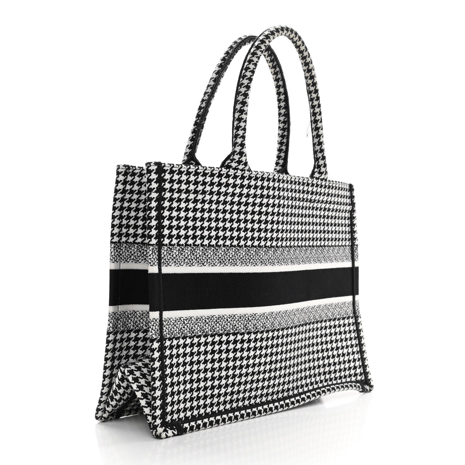 Christian Dior Canvas Houndstooth Embroidered Medium Book Tote Black White 3 of 10