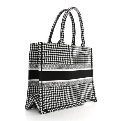 Christian Dior Canvas Houndstooth Embroidered Medium Book Tote Black White 3 of 10