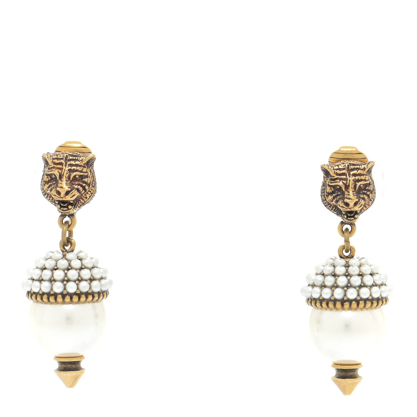 Metal Resin Pearl Feline Clip On Earrings Aged Gold