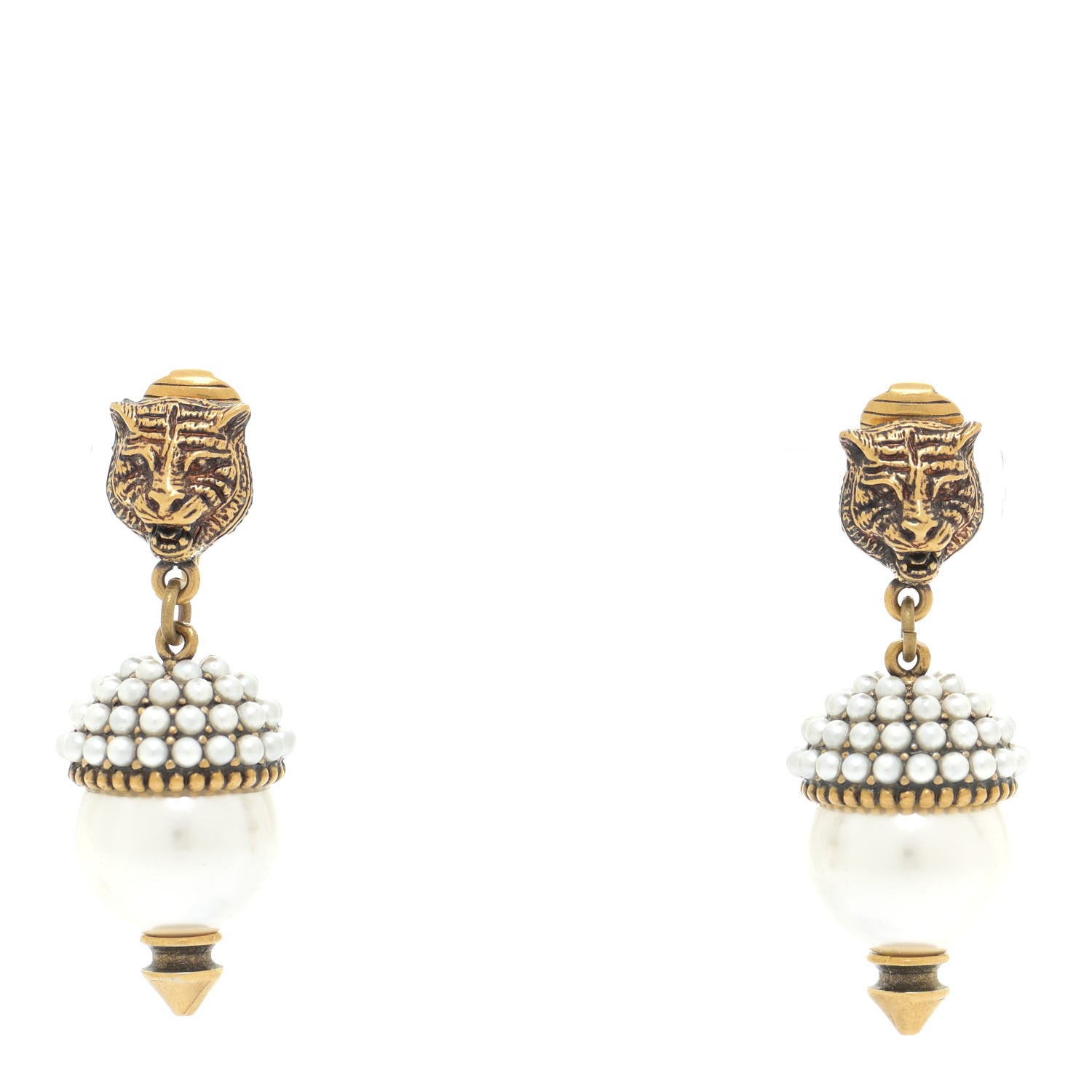 Gucci Metal Resin Pearl Feline Clip On Earrings Aged Gold 1 of 4