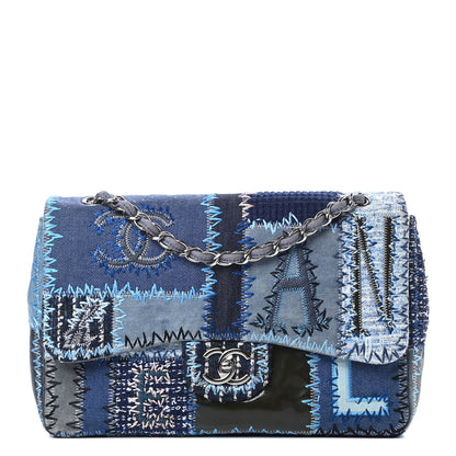 Chanel Denim Tweed Patchwork Jumbo Single Flap Blue 1 of 12