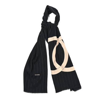 Chanel Cashmere Silk CC Logo Scarf Shawl Black Beige 1 of 4