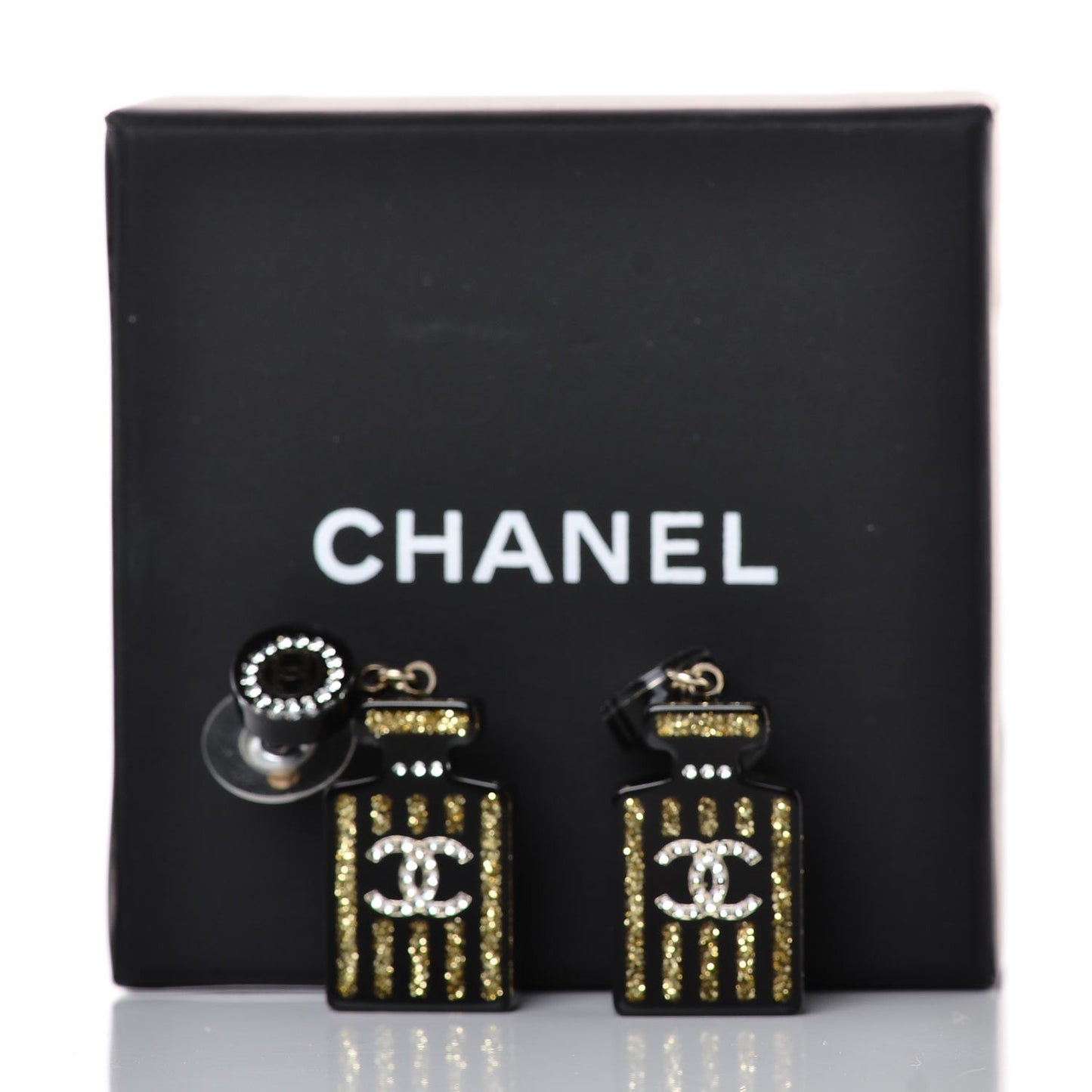 Resin Strass Perfume Bottle CC Earrings Black Gold