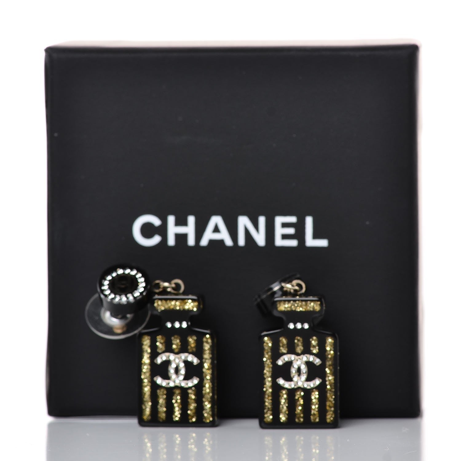Chanel Resin Strass Perfume Bottle CC Earrings Black Gold 5 of 5