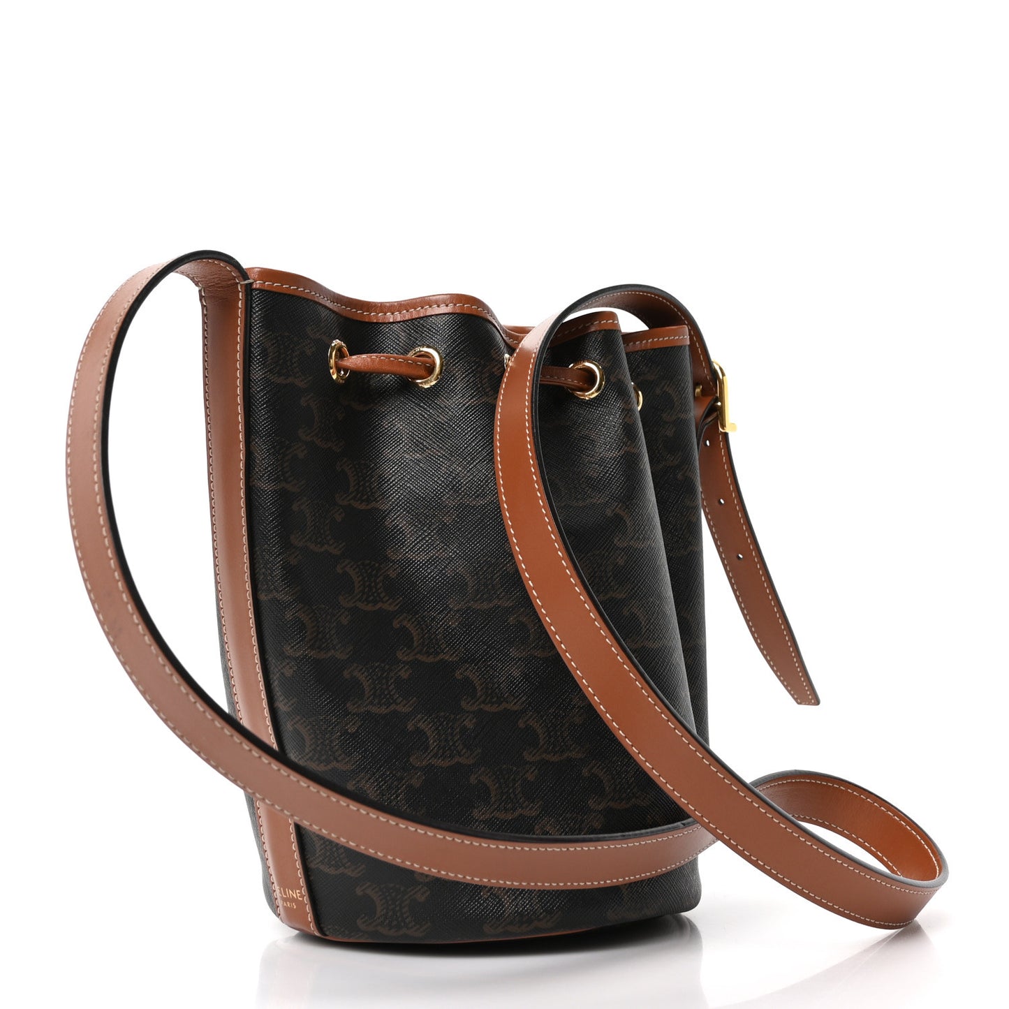 Triomphe Canvas Calfskin Small Drawstring Bucket Bag Tan Tan