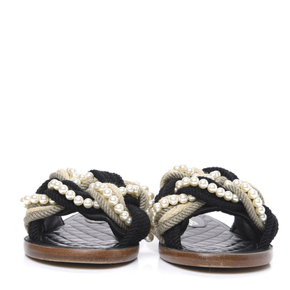Chanel Lambskin Pearl Cord CC Mules 35 Black Beige 2 of 9