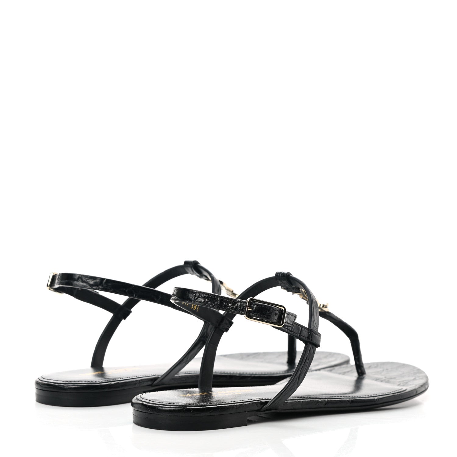 Saint Laurent Calfskin Crocodile Embossed Cassandra Monogram Sandals 38.5 Black 4 of 9