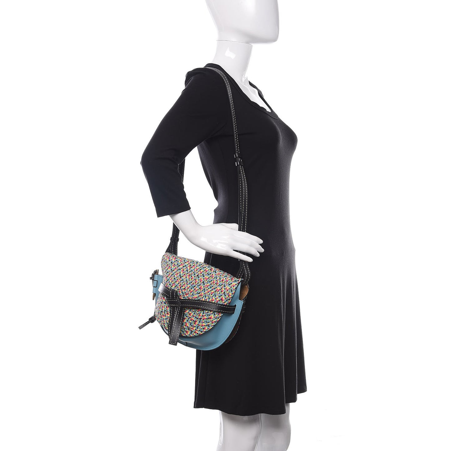 Calfskin Woven Raffia Small Gate Crossbody Bag Light Blue