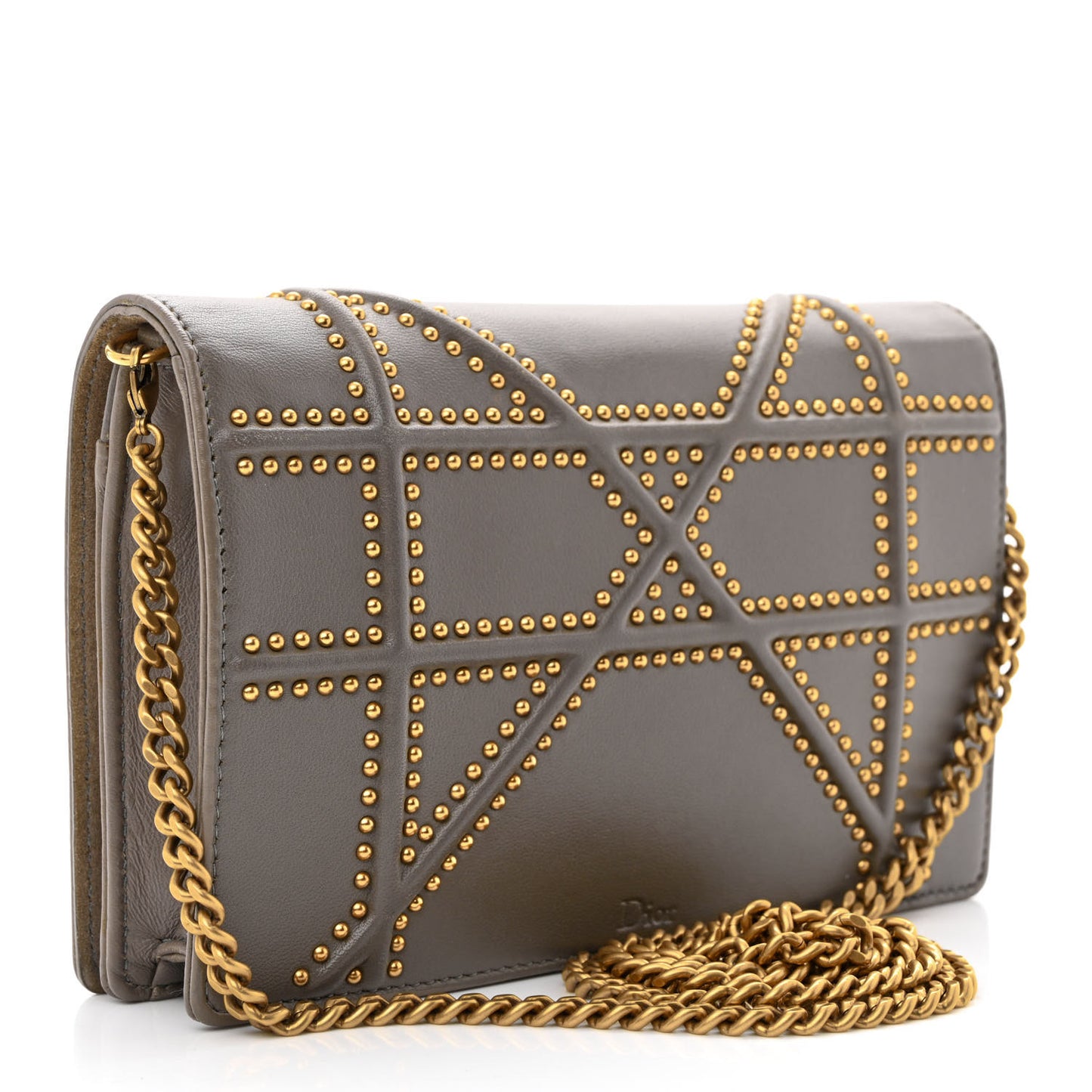 Calfskin Studded Diorama Wallet on Chain Pouch Grey