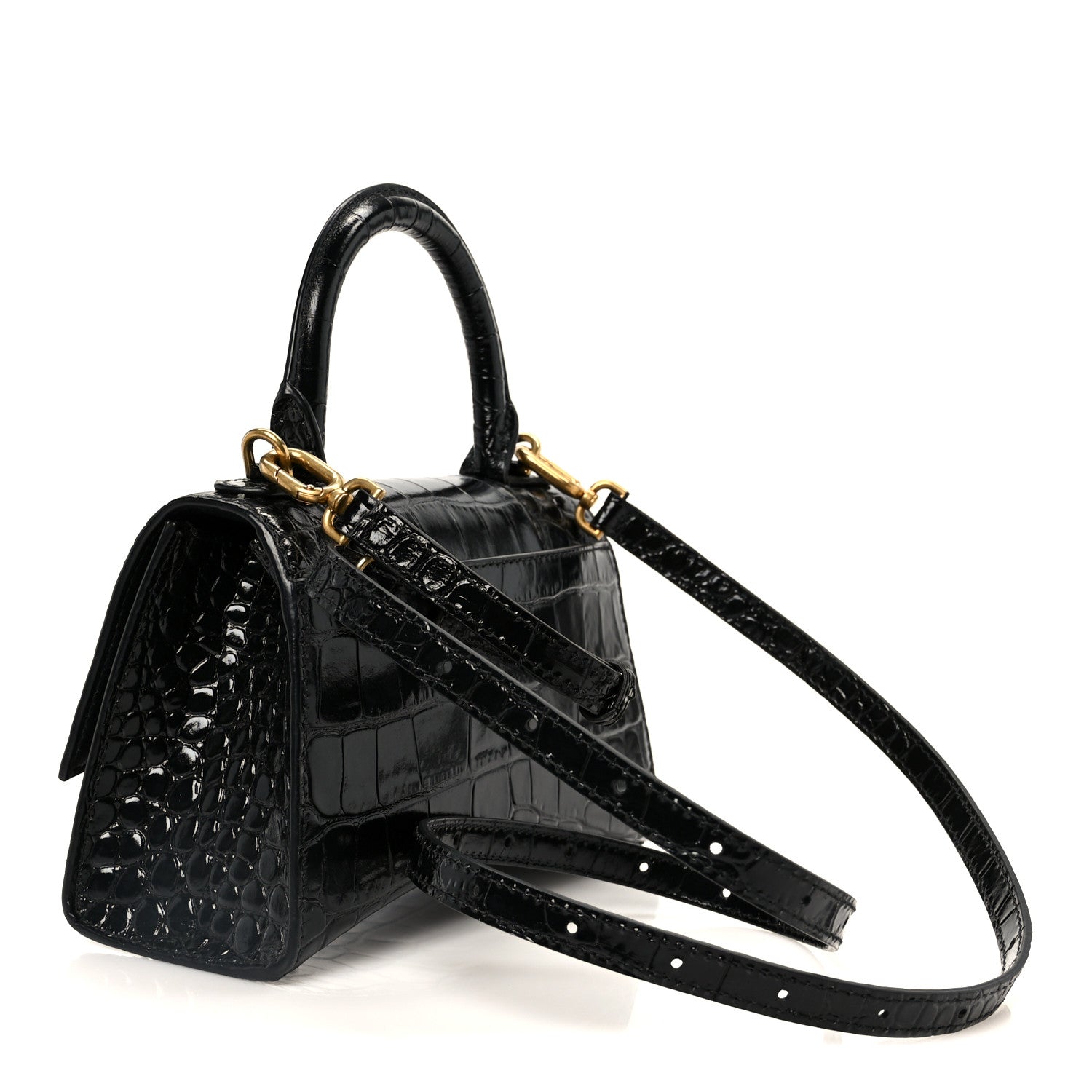 Balenciaga Shiny Calfskin Crocodile Embossed Hourglass Top Handle Bag XS Black 3 of 11
