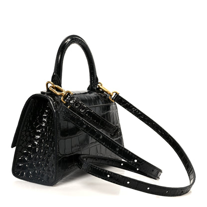 Balenciaga Shiny Calfskin Crocodile Embossed Hourglass Top Handle Bag XS Black 3 of 11