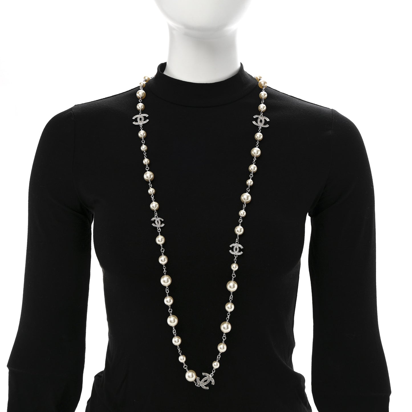 Crystal Pearl CC Long Necklace Silver
