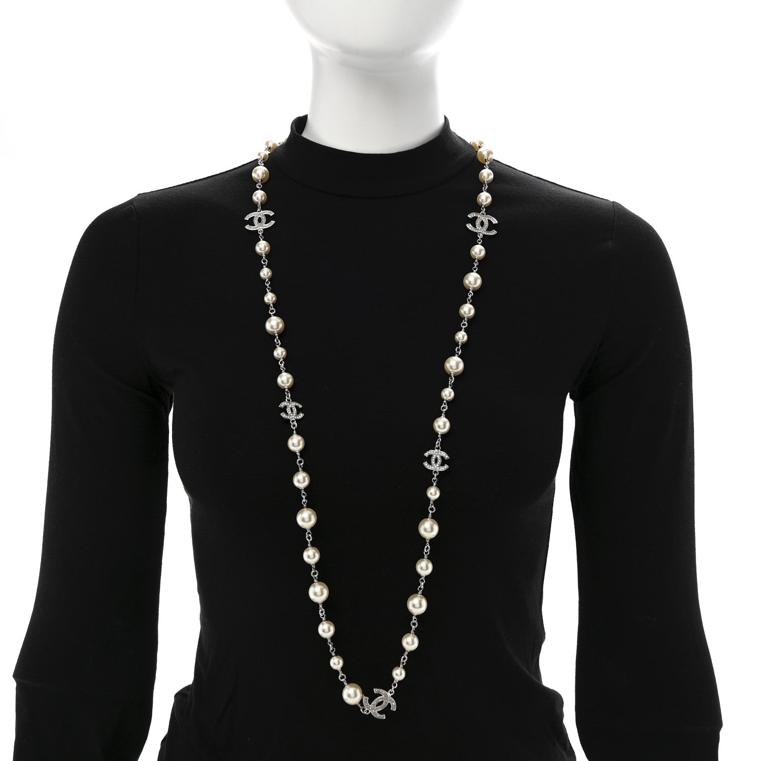 Chanel Crystal Pearl CC Long Necklace Silver 2 of 7