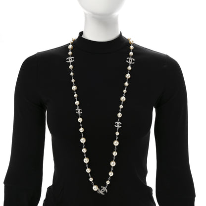 Chanel Crystal Pearl CC Long Necklace Silver 2 of 7
