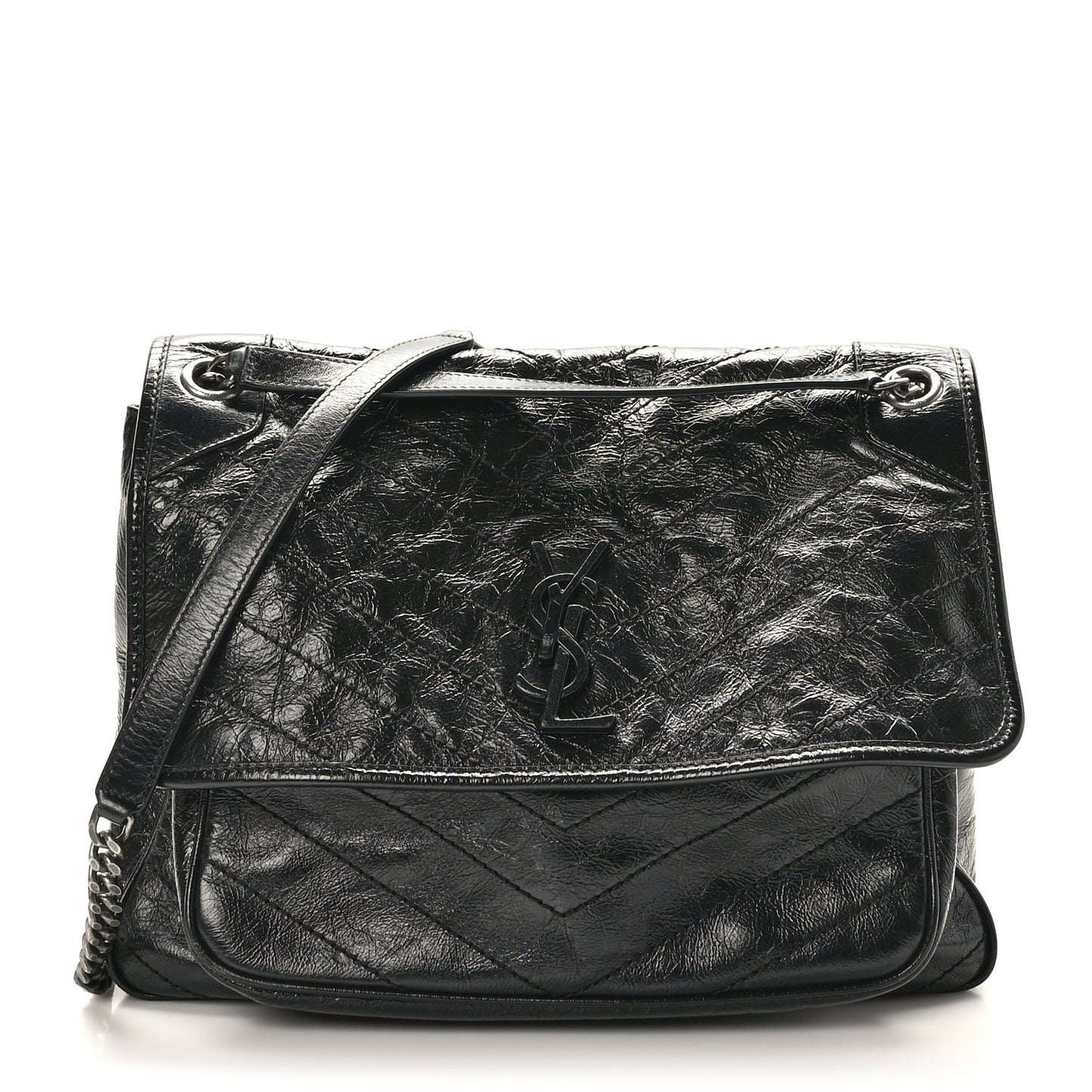 Crinkled Calfskin Matelasse Monogram Large Niki Chain Satchel Black