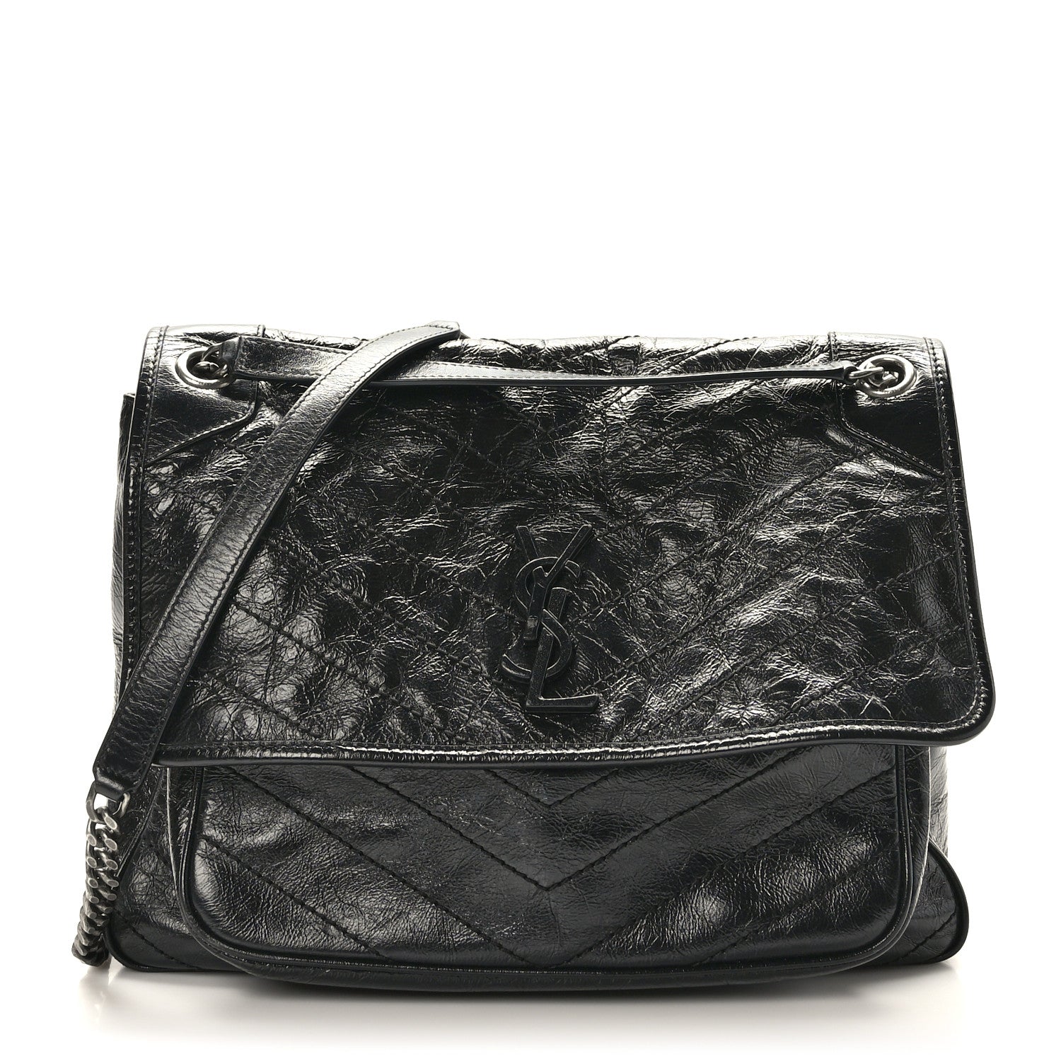 Saint Laurent Crinkled Calfskin Matelasse Monogram Large Niki Chain Satchel Black 1 of 9