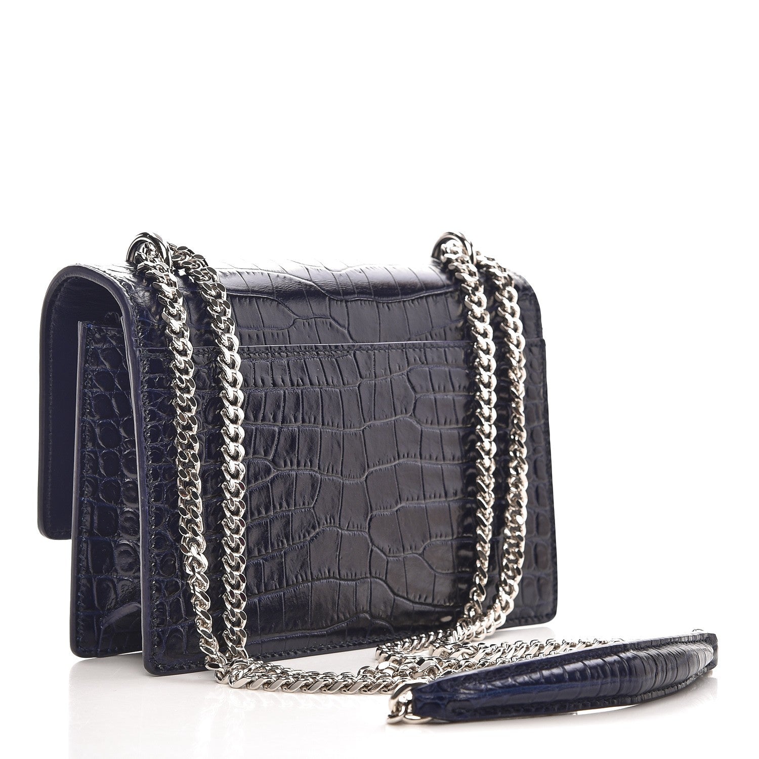 Saint Laurent Calfskin Crocodile Embossed Monogram Sunset Chain Wallet Navy 5 of 8